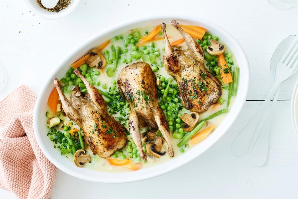 Ovengebakken kwartel met blanquette van lentegroentjes
