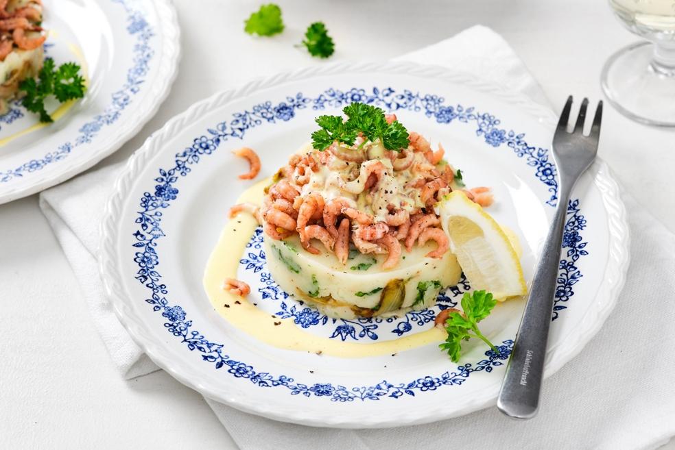 Witloof-pureetorentjes met garnalen en mosterdsaus