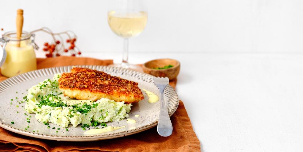 Krokant schelvishaasje met groene kool-ricottapuree en citroensausje