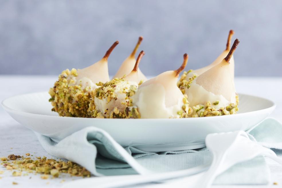 Peren met witte chocolade en pistachenoten