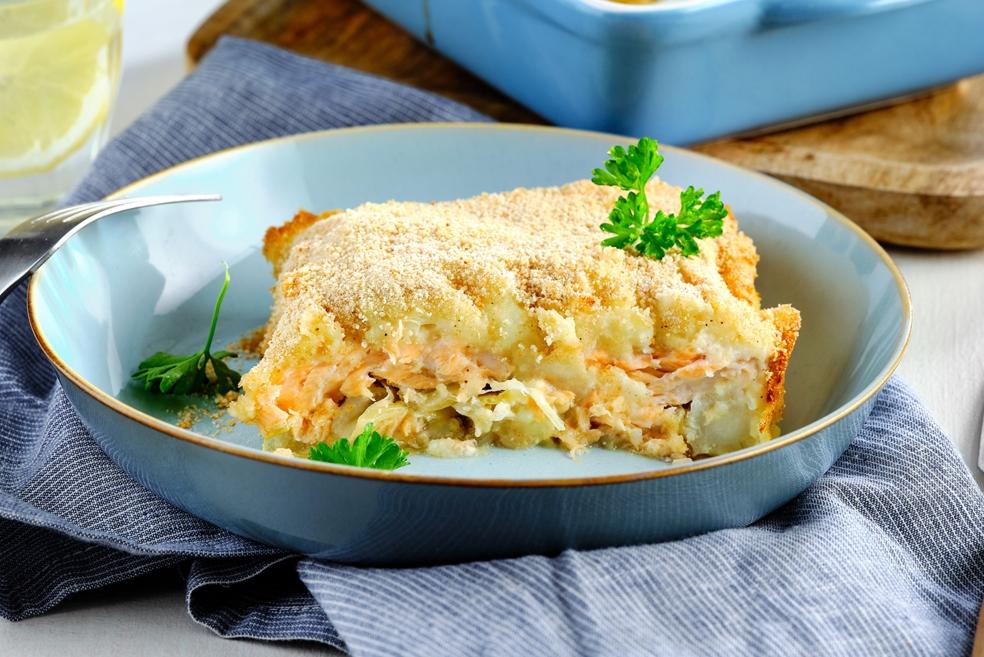 Zalm parmentier met bloemkool en prei