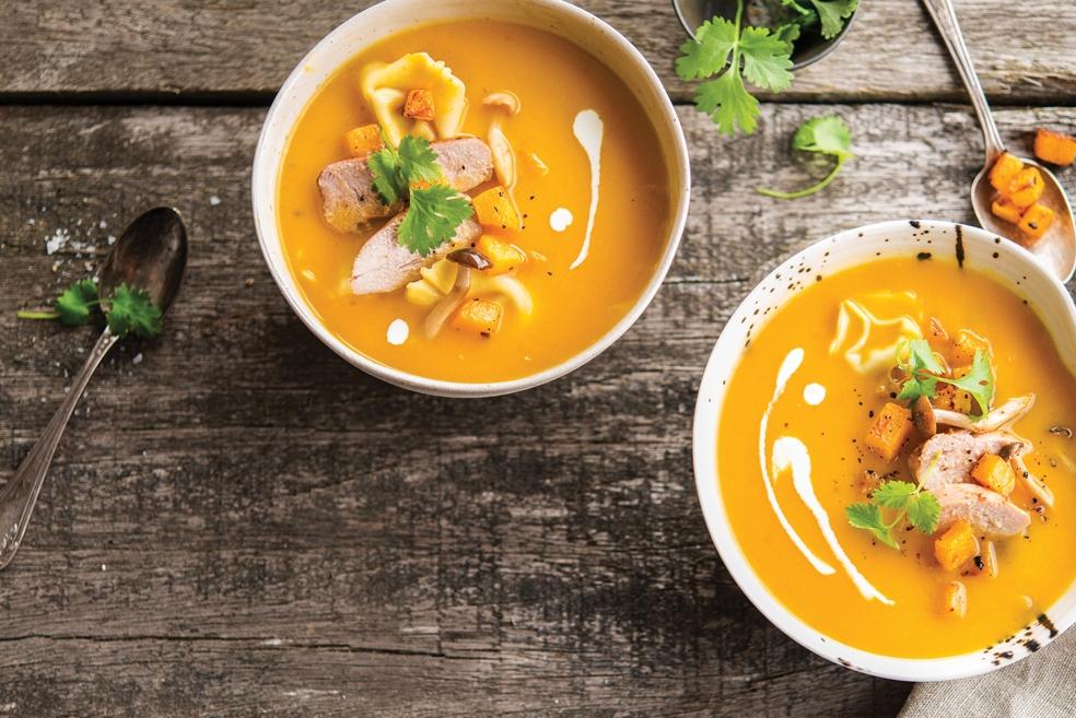 Pompoen-wortelsoep met fazantfilet