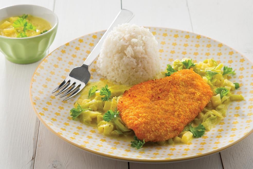 Gepaneerd kippenlapje met currysausje