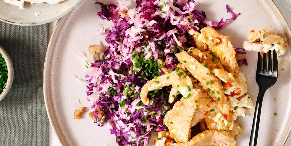 Gemarineerde kipfiletreepjes met koolsalade