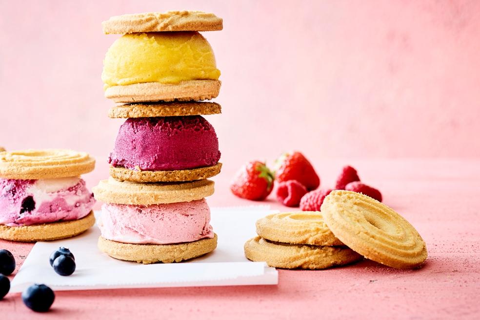 Snelle bosbessensorbet en mangosorbet