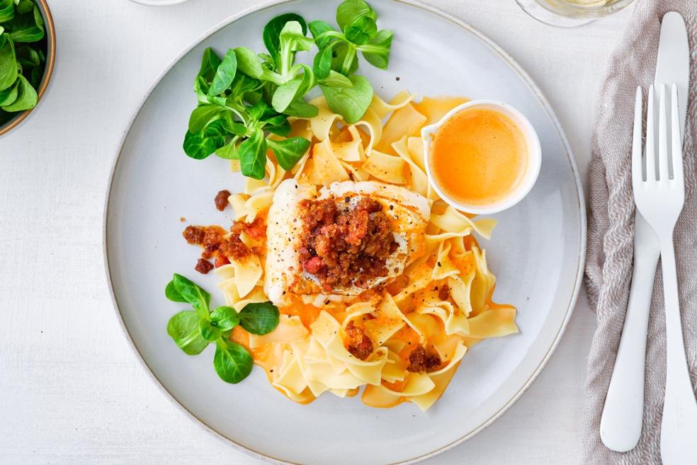 Skrei met spek-speculaascrumble, paprikacoulis en tagliatelle