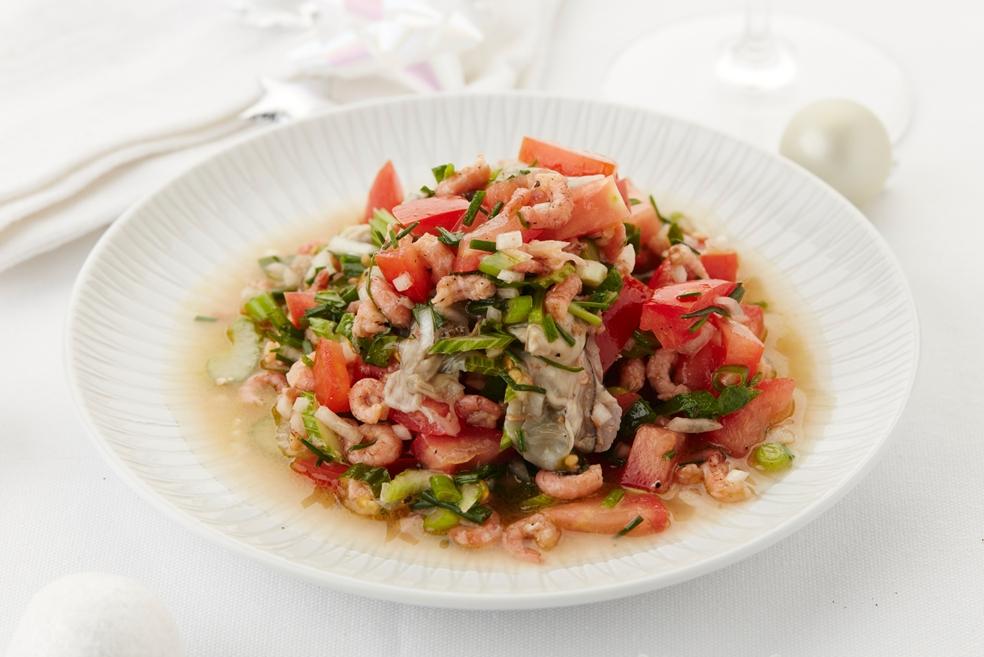 Escabeche van oesters en grijze garnalen