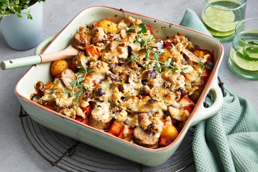 Groentecrumble met boerenworst