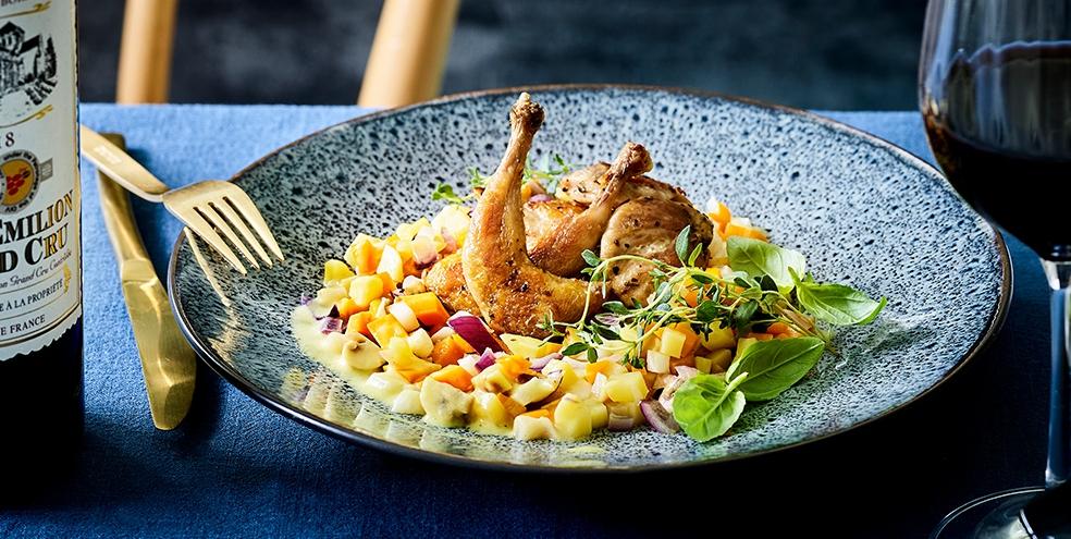 Gekonfijte kwartel met winterratatouille