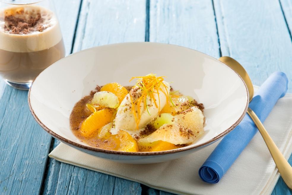 Agrumsalade met mascarpone en chocoladecrumble