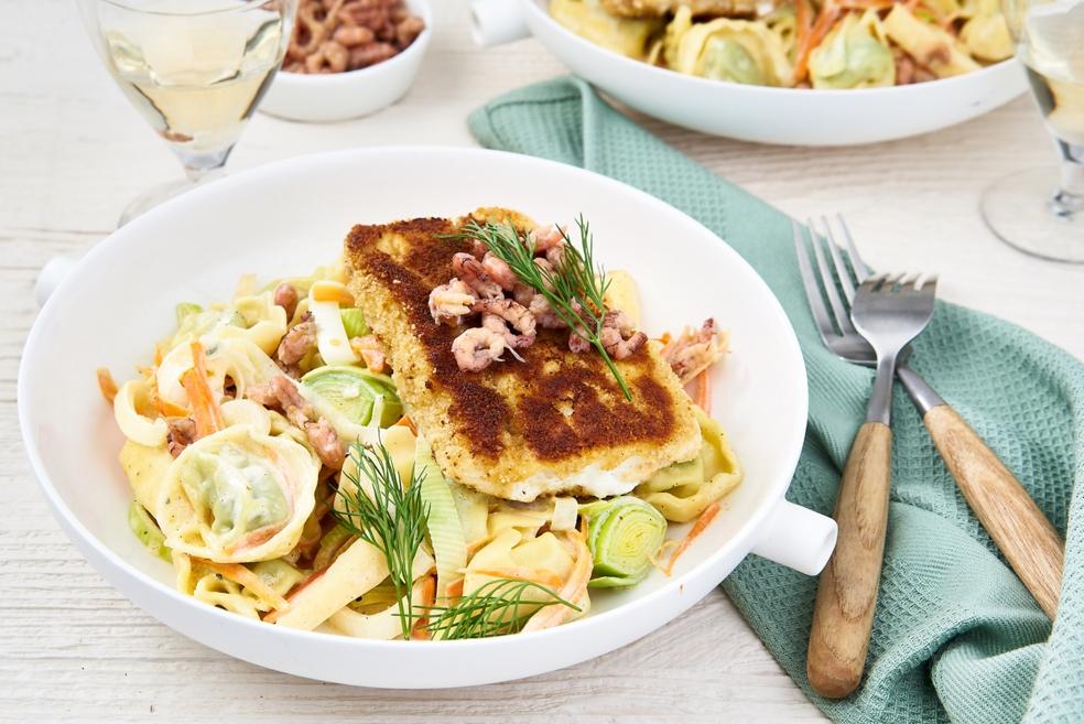 Romige tortelloni met skrei en garnalen