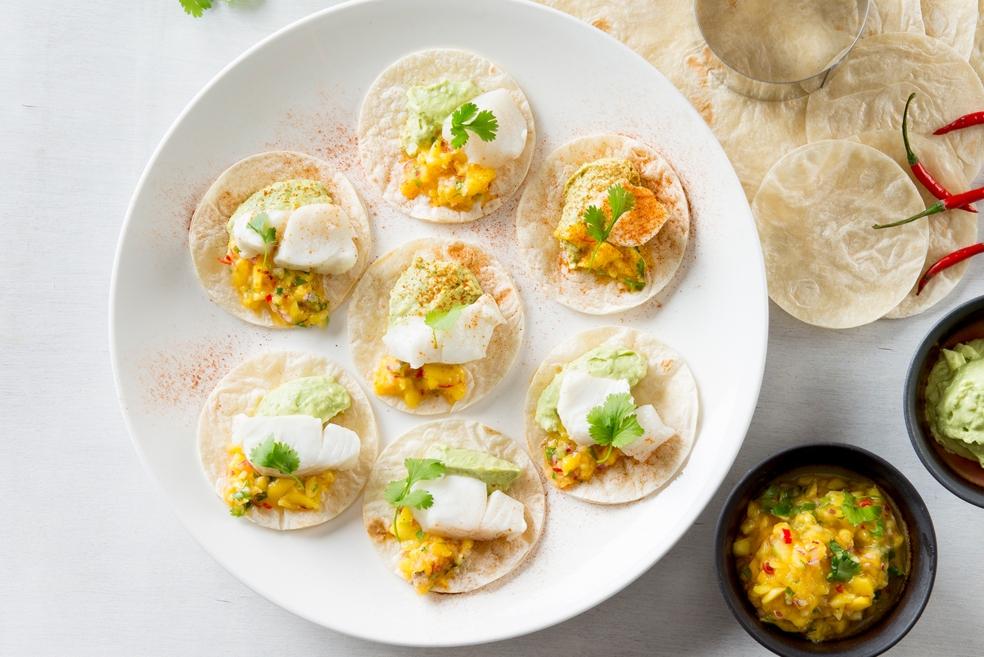 Taco’s met kabeljauw, mangosalsa en guacamole