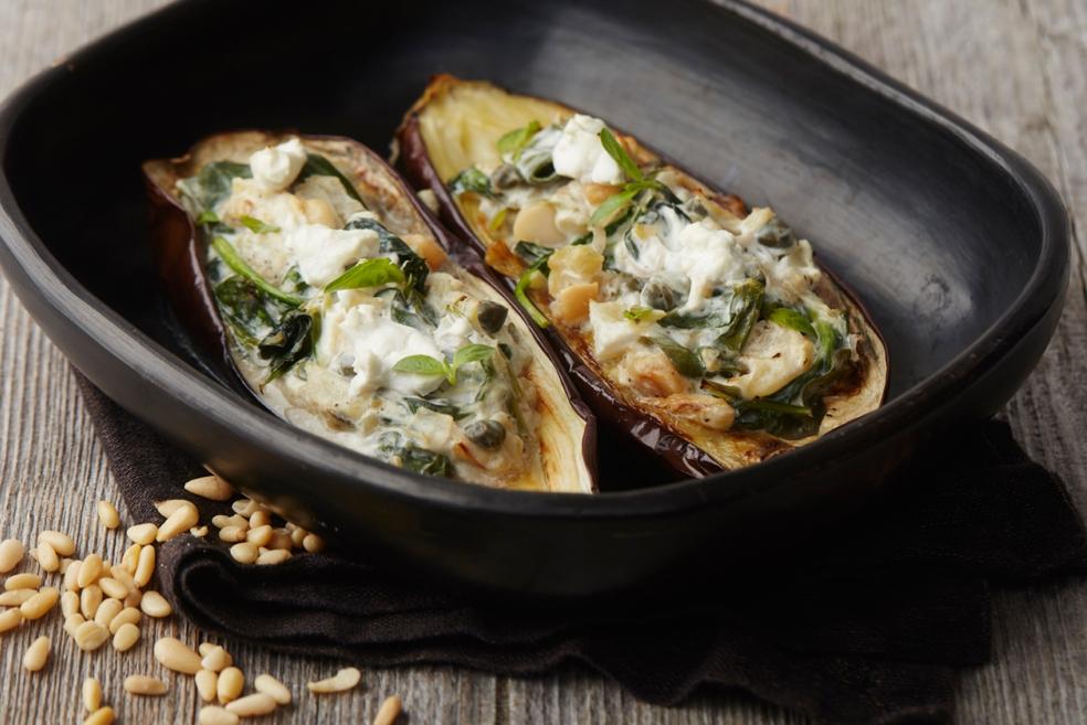 Gevulde aubergines met venkel en geitenkaas